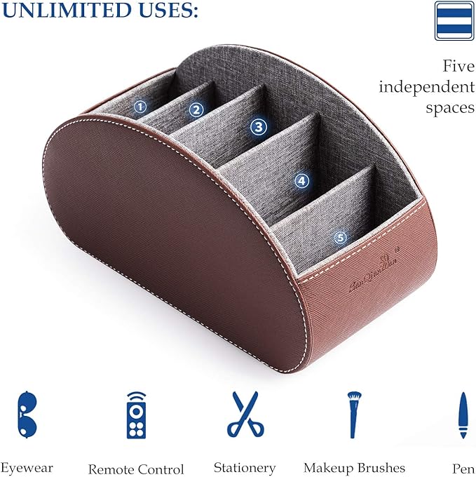 Wide Remote Control Holder , PU Leather Organizer Box with 5 Compartments for Table Office ,Remote Caddy Desktop Storage with Phone Holder, Home Accessories for Controllers , Media Player (Brown2)