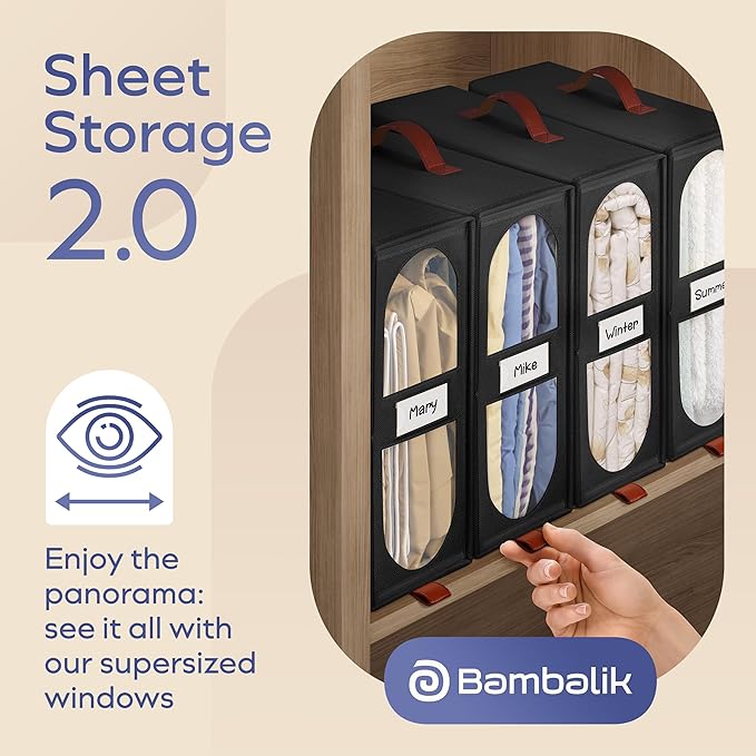 8x Bed Sheet Organizer Storage Boxes with Big See-Through Windows | Bedsheet Organizers Redesigned. Robust Bed Sheet Storage | 15x13x5 Inches Sheet Organizers Containers (Black)