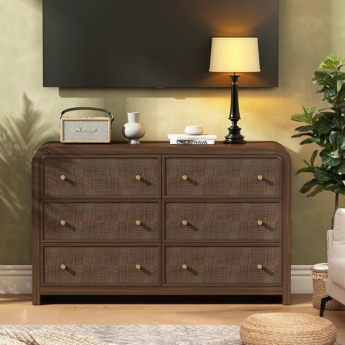 Oak&Sparrow 6 Drawer Dresser for Bedroom, 49'' Rattan Dresser with Ample Storage, Boho Chest of Drawers, Thickened Curved Profile Design, Dark Walnut Dressers for Bedroom, Living Room