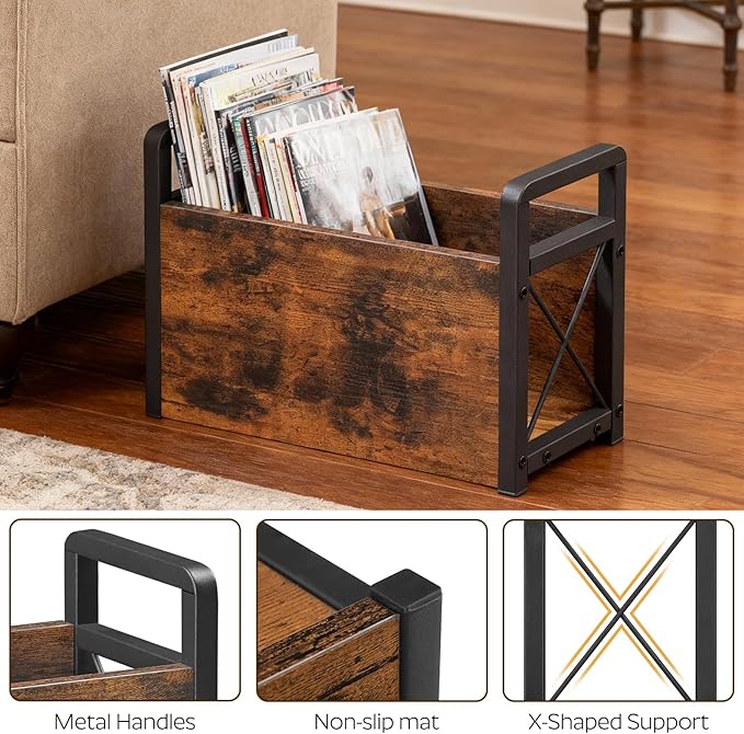 Magazine Holder, Magazine Rack Floor, Magazine Storage Basket, Magazine Rack for Desktop Home Office, Wooden Mail Organizer for Books, Newspapers, Mails, Rustic Brown and Black MR01BR
