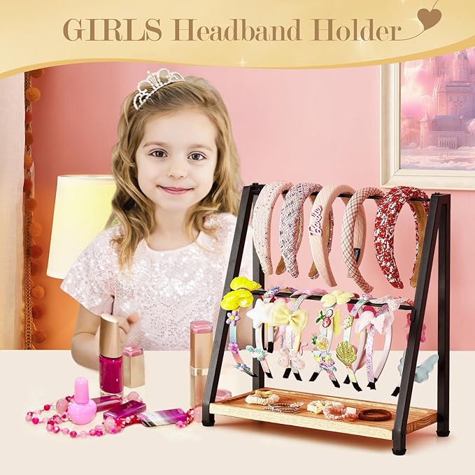 Headband Holder Organizer Metal 2-Tier Display Stand for Selling, Home Bedroom Headband Storage for Girls Women, Headband Stand Wood Base Can Store Hair Ties, Black