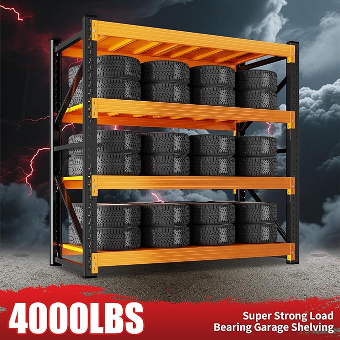 4000LBS Garage Shelving 48" W Garage Shelving Heavy Duty 4-Tier Metal Storage Shelves Adjustable Shelf Unit Storage Rack for Basement Supermarket Warehouse 48" W x 20" D x 78" H Black-Orange