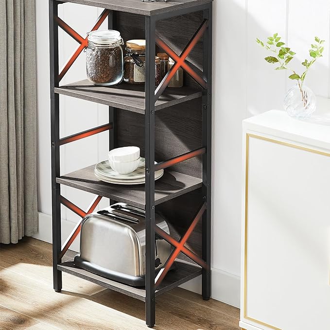 Small Bookshelf,4 Tier Industrial Bookcase with Metal Frame and Backboard,Narrow Rustic Gery Book Shelf,Book case for Small Spaces,Living Room,Bedroom and Home Office