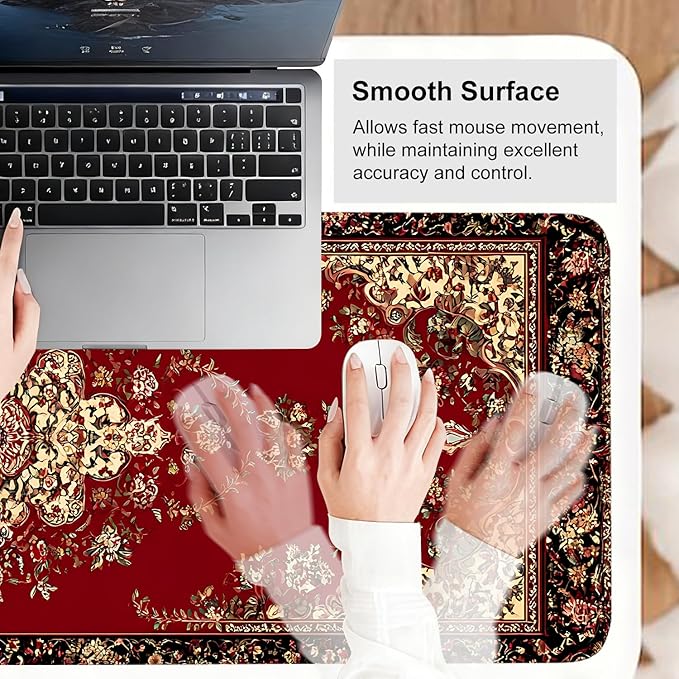 Red Vintage Persian Rug Mouse Pad – Large Extended Desk Mat 31.5 x 11.8 in– Oriental Carpet Design, Non-Slip Rubber Base, Waterproof Surface, Keyboard & Mouse Pad for Office, Gaming, Home