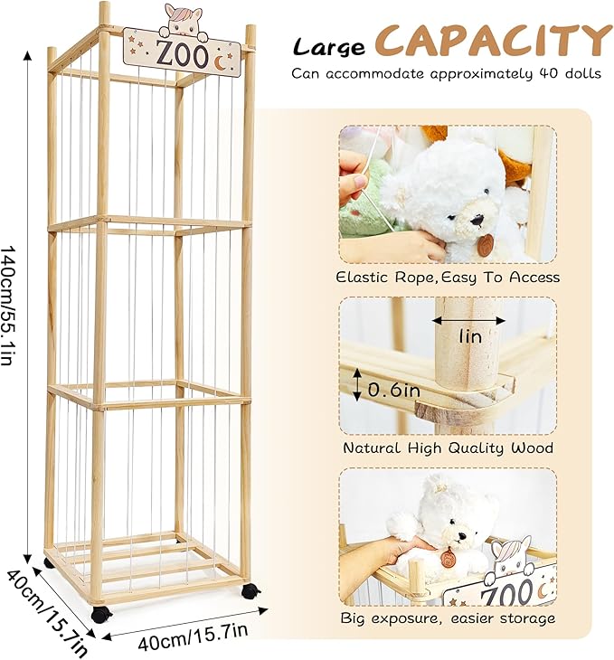 Stuffed Animal Storage Organizer, 55In Large Wooden Zoo Toy Storage Holder with Brake Wheels & Elastic Band, Space Save Stuffy Plushies Organizers for Playroom, Bedroom and Nursery