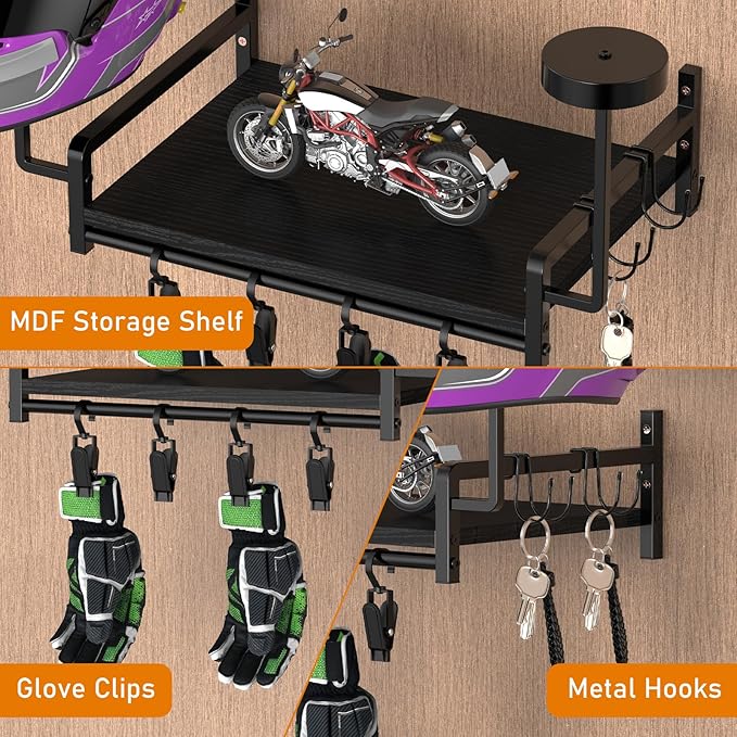 OYEAL Helmet Rack Wall Mount Black Motorcycle Helmet Holder with Shelf, Gear Storage Rack with Hooks, 4 Glove Clips for Motorcycle Accessories