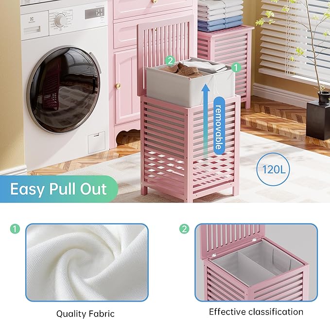 SMIBUY Double Laundry Hamper with Lid, 120L Bamboo Laundry Basket with Removable Liner Bag, 2-Section Clothes Divider Laundry Sorter for Laundry Room, Bathroom, Bedroom (Pink)