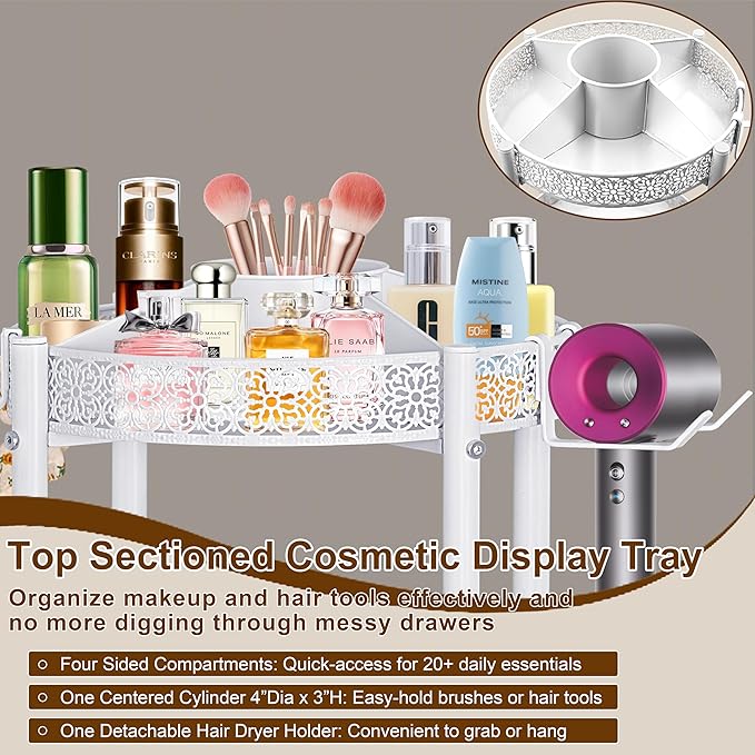 Rolling Makeup Cart Organizer with Removable Hair Dryer Holder, 3 Tier Round Floor Makeup Organizer with Wheels for Cosmetic, Perfume, Nail Polish, Small Space Bathroom Storage Cart, White