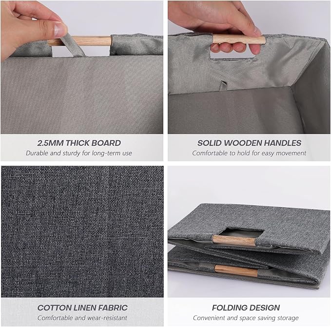 Fabric Storage Bin 3 Pack Foldable Cotton Linen Storage Basket with Wooden Handles Rectangular Cube Box – Gray, Small