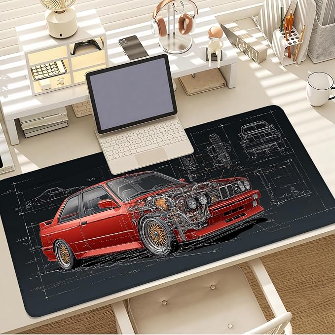 Retro Car Blueprint Mouse Pad – Large Extended Desk Mat 35.43 x 15.75 in – Classic Red Tuner Car Cutaway with Engine Diagram, Waterproof Surface, Non-Slip Rubber Base, Keyboard & Mouse Pad