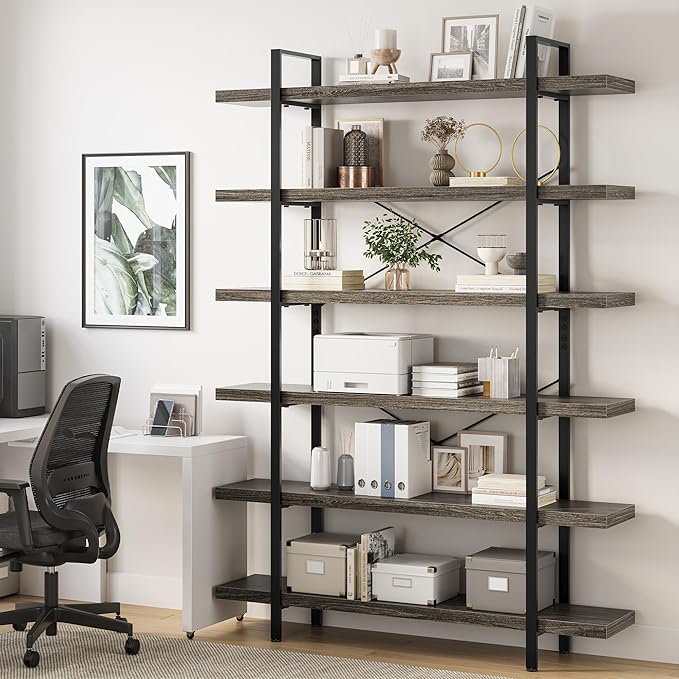 Bookshelf Set, Heavy Duty 6-Tier Industrial Bookcase, 47" Wide Wood Bookshelf for Home Office, 120lbs Shelf Capacity, Rustic Open Display with Horizontal Shelf for Living Room Bedroom, Grey