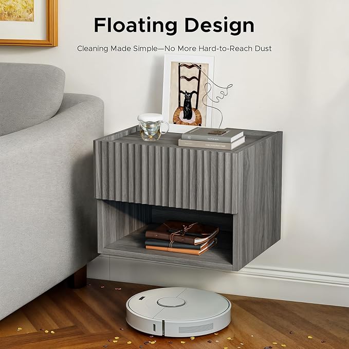 Floating Nightstand Bedroom Bedside Table - Floating Night Stand Set of 2 with Storage Drawer, Wood Morden Wall Mounted Bedside Tables for Dorm Hallway Entryway