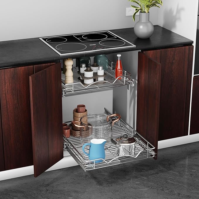 HOLDN’ STORAGE Two Tier Pull Out Cabinet Organizer, Individual Sliding Drawers - Heavy Duty Metal with Lifetime Limited Warranty - Anti Rust Chrome Finish - 24" W x 21”D x 16.5" H