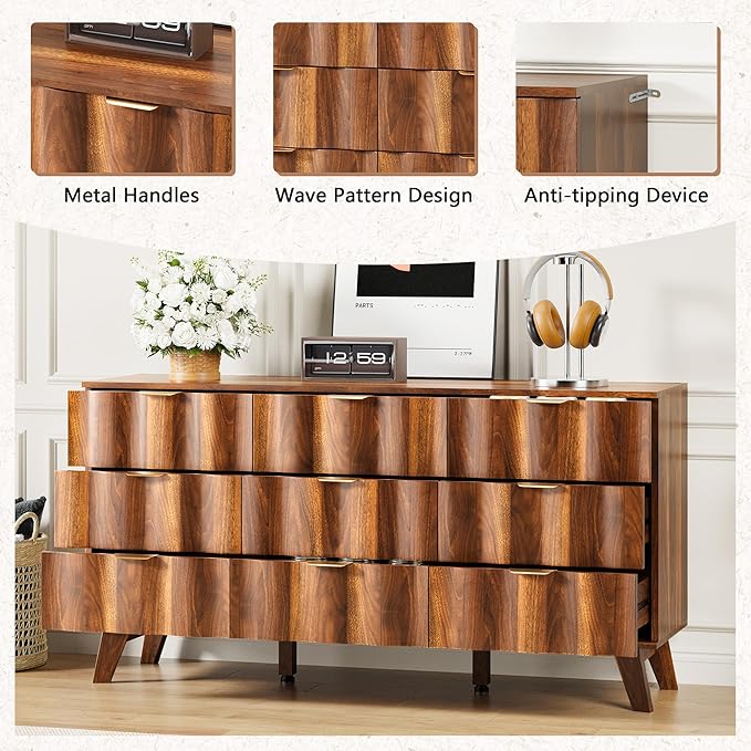 9 Drawer Dresser, Modern Fluted Storage Dresser with Deep Drawers and Metal Handles, Wood Chest of Drawers Storage Organizer for Bedroom, Living Room, Hallway (Walnut)