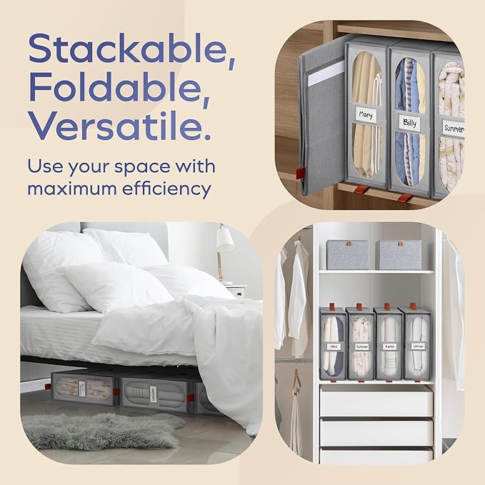 4x Bed Sheet Organizer Storage Boxes with Big See-Through Windows - Bedsheet Organizers Redesigned. Robust Bed Sheet Storage -15x13x5 Inches Sheet Organizers Containers (Gray)