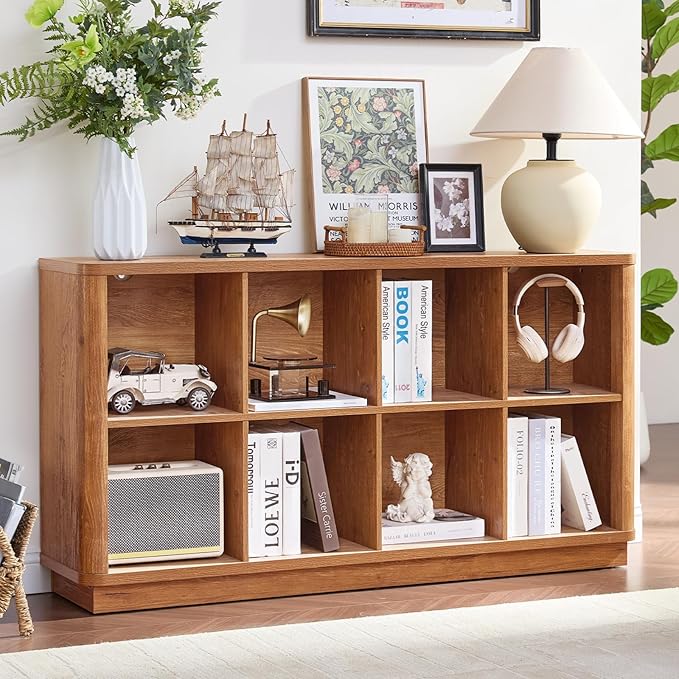 8 Cube Storage Book Shelf, 52" Long Horizontal Bookshelf with Curved Edge, Floor Standing Wooden Cubby Bookcase with Base, Low Modern Console Book Case, TV Stand for Living Room, Brown