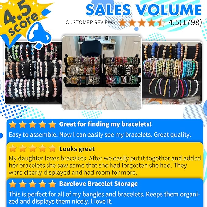 Barelove Velvet Bracelet Holder with 3 Tier Rack, Black T-Bar Storage Organizer Detachable Display Stand for Necklace Watch Bangles Bracelets Scrunchies Organization Showcase