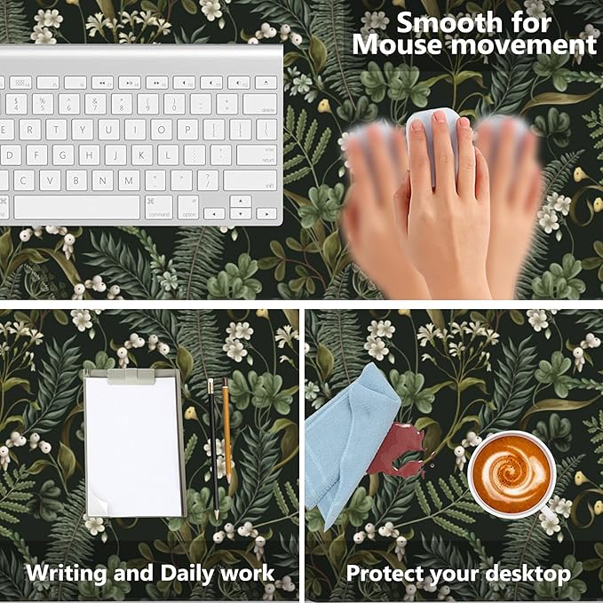 Desk Mat,White Flowers and Fern Gaming Mouse Pad,XXL Extended Mouse Pad Mat for Office,Computer,Keyboard with Non-Slip Base Stitched Eges Mousepad 35.4x15.75 inch