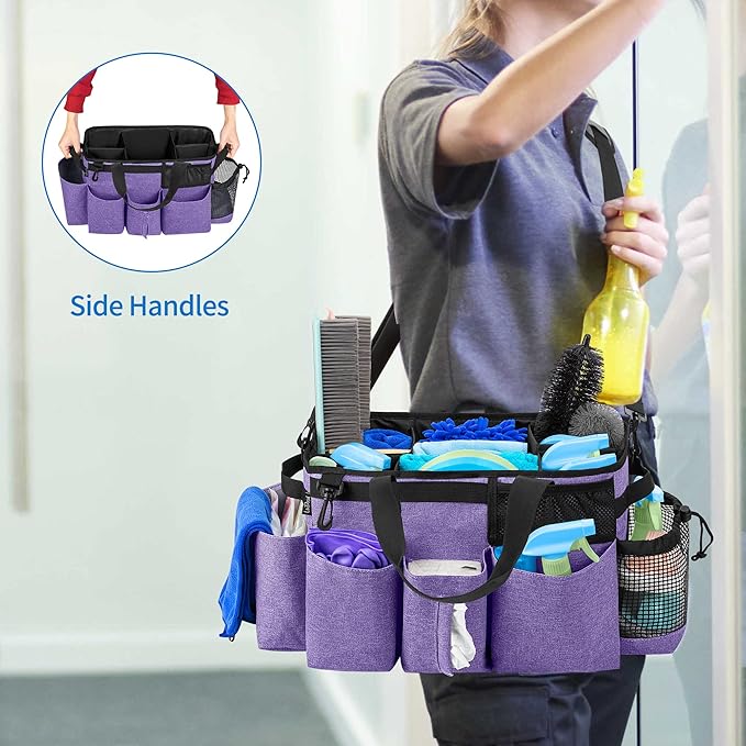 LoDrid Wearable Cleaning Caddy Bag with 4 Foldable Dividers, Cleaning Supply Tote for Cleaning Supplies, Cleaning Organizer with Shoulder Strap and Side Handles for Cleaners & Housekeepers, Purple