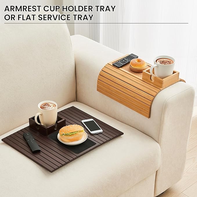 Bamboo Couch Cup Holder, Foldable Sofa Arm Tray, Anti-Slip Couch Aremrest Tray Table for Drink, Cup, Remote, Snacks, Cellphone, Portable, Mahogany