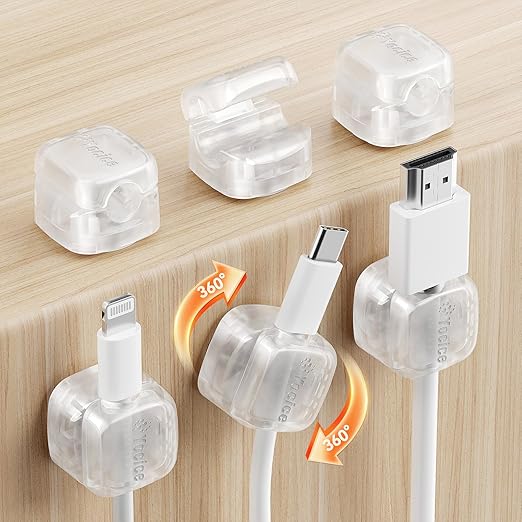 6Pack Rotatable Cord Organizer,Spring Cable Clips Desk Cable Management Cord Holder Adhesive Phone Charger Cord Clips for Home Office Car Wall Nightstand Accessories Clear