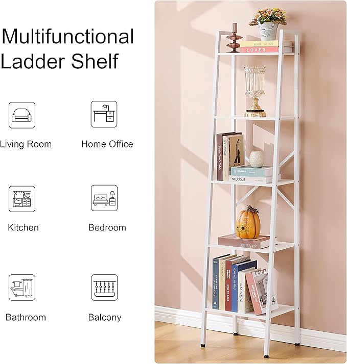 Hoctieon 5-Tier Industrial Ladder Bookshelf, Narrow Ladder Shelf, Tall Standing Bookshelf, Skinny Open Ladder Shelf, for Living Room, Home Office, Kitchen, Bedroom, Metal Frame, White