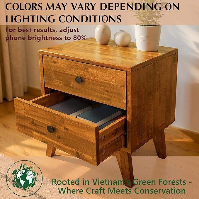 Acacia Silvia Nightstand with 2 Drawers, Solid Wood Bedside Table, Table with Storage Drawers for Bedroom, Bedside End Table with Drawer and Storage Space, Caramel