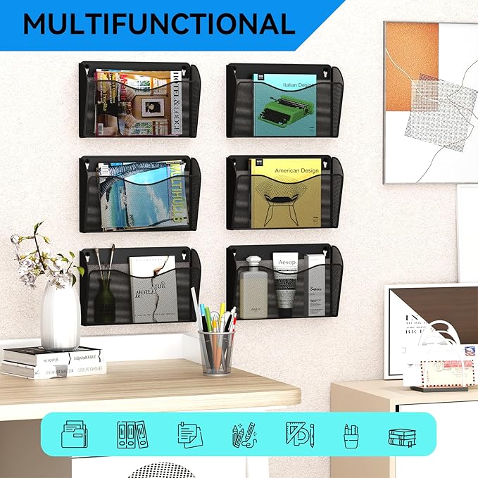 3 Single Pocket Wall File Holder, Mesh Hanging File Folder Paper Organizer, Vertical Wall Mounted Mail Basket, Storage Organization Magazine Rack for Office, Home and School, Black