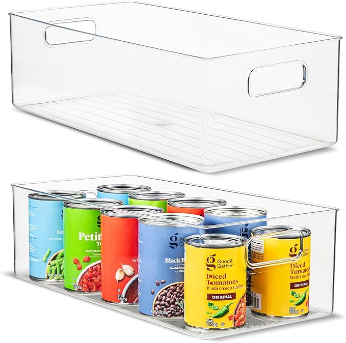 primebox Plastic Food Storage 2 Pack Clear Container Bin with Handles for Organizing Kitchen, Pantry, Refrigerator, Freezer, Pantry, Cabinet, Closet, Bathroom. 14”x8”x5”