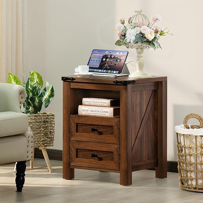 Nightstands Set of 2 with Charging Station, Farmhouse Side End Table with 2 Drawers and Open Shelf, Wood Rustic Sofa Table, Bedside Cabinet for Bedroom, Living Room, Closet, Office(Brown)