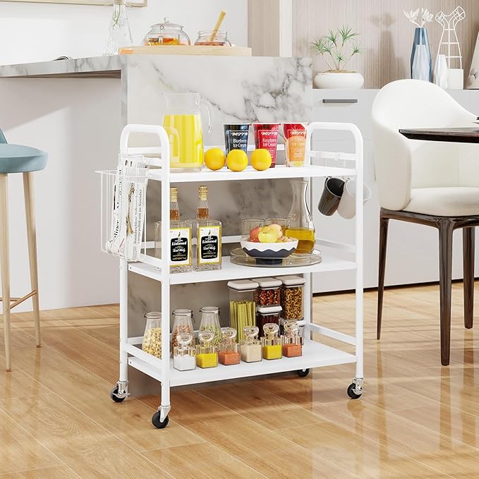 HDANI 3 Tier Metal Rolling Utility Cart,High Capacity Multi Purpose Heavy Duty Cart for Office,Kitchen,Living Room,Bedroom,White