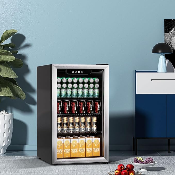 Beverage Refrigerator Cooler, 105 Can Mini Fridge Glass Door for Drinks Soda, Beer, or Wine - Small Refrigerator for Office Bedroom Home Bar, Adjustable Shelves, 3.0 Cu.Ft, Silver