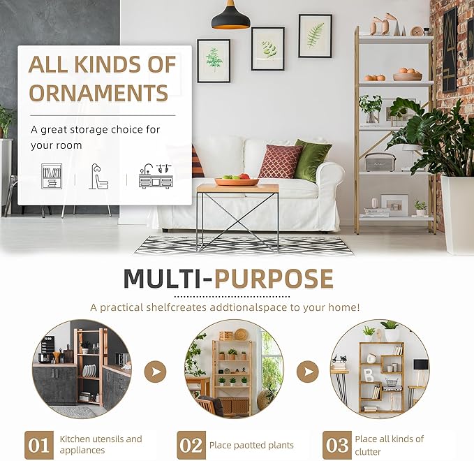 Vongrasig 5 Tier Bookshelf, Modern Tall Bookcase, Industrial Book Shelves Display Standing Shelf, Free Standing Storage Organizer for Bedroom, Living Room, White+Gold