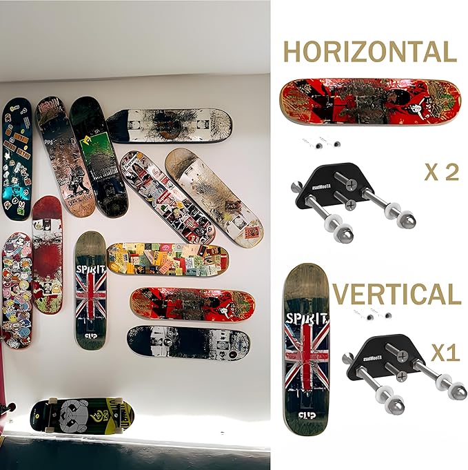 Skateboard Wall Mount Display(6 Packs)-Aluminum Ramp Shape Skateboard Deck Wall Mount with Two Screw Holes for Horizontal and Vertical Hanging Skateboard Display Decor-(Black