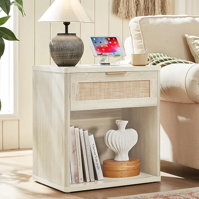LEYAOYAO Rattan Nightstand with Charging Station, Grey White Night Stand with Drawer, 23" Wide Boho Bedside Table with Storage Shelf, Bed Side End Tables for Bedroom, Living Room, Hallway