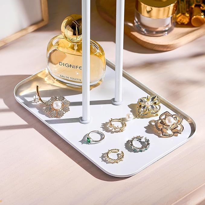 pickpiff Necklace Holder Jewelry Organizer Stand – 2‑Tier T‑Bar Jewelry Display Tree with Tray for Countertop Necklace Bracelet Earring Storage, Vanity Dresser Bathroom Sink, White