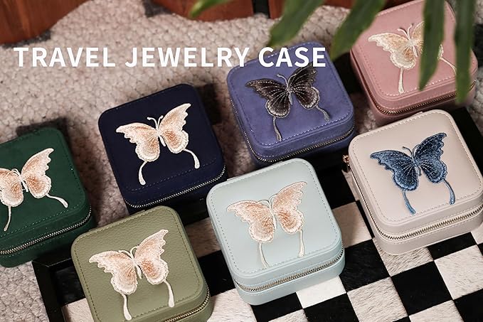 S.Leaf Travel Jewelry Organizer Boxes for Women Small Portable Necklace Earrings Bracelet Rings Travel Case Best Friend Birthday Gifts for Women Trendy (Butterfly_Beige_Gold)