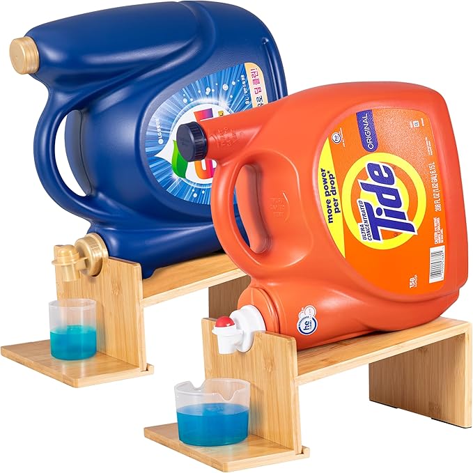 MyLifeUNIT Laundry Detergent Dispenser, 2 Pack Wooden Laundry Detergent Holder Stand with Tray for Laundry Room Organization and Storage