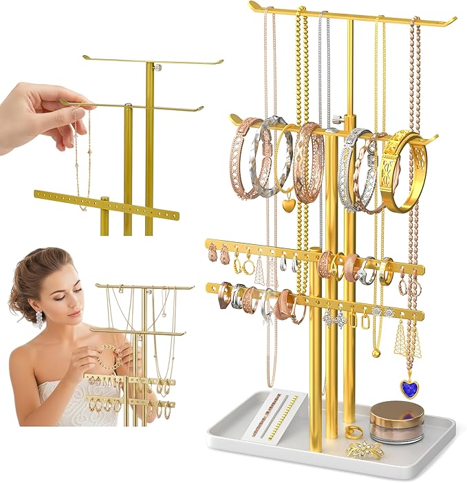 Jewelry Tower Stand Organizer for Women - Elegant Jewelry Holder Display with Necklace Holder, Earring Organizer & Bracelet Rack - Tabletop Jewelry Stand for Dresser, Vanity, Desk