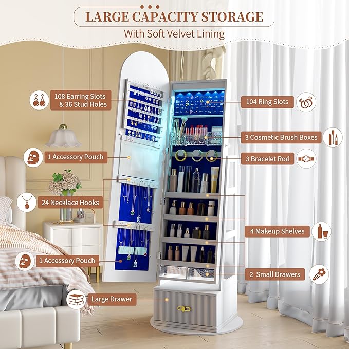 63" Full Length Mirror Jewelry Cabinet with Storage – Rotating, Lockable Jewelry Armoire with Velvet Lining, Standing Organizer for Women – Ideal Gift for Jewelry Storage & Display, White