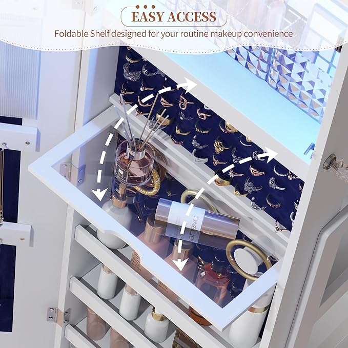 61" Full Length Mirror Jewelry Cabinet with Storage – Rotating, Lockable Jewelry Armoire with Velvet Lining, Standing Organizer for Women – Ideal Gift for Jewelry Storage & Display, White