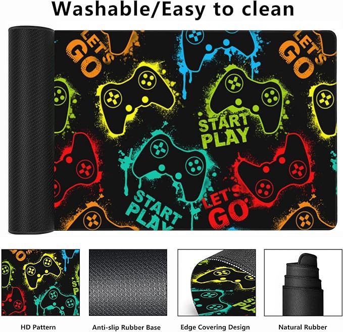 Desk Mat,Colourful Joystick Game Gaming Mouse Pad,XXL Extended Mouse Pad Mat for Office,Computer,Keyboard with Non-Slip Base Stitched Eges Mousepad 35.4x15.75 inch