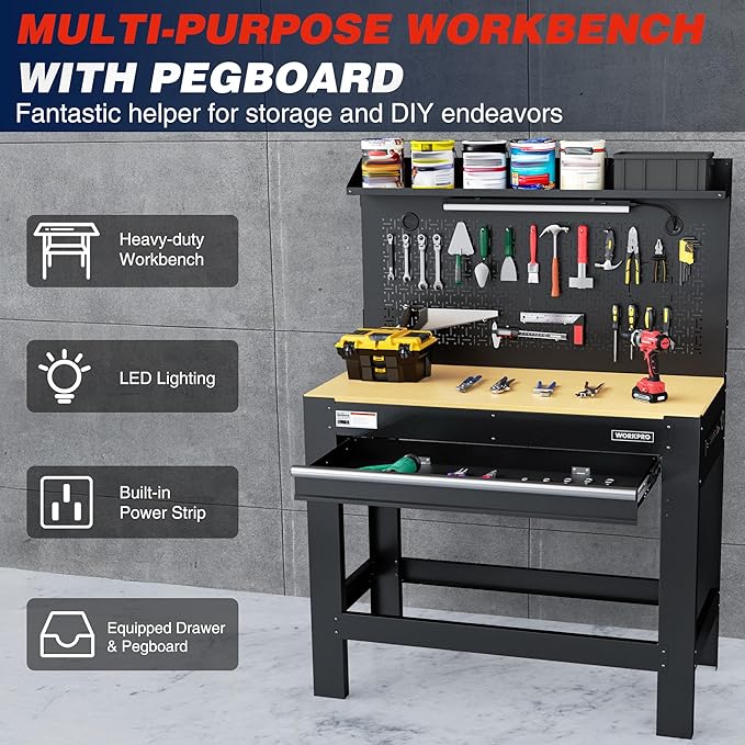 WORKPRO 45" Garage Workbench with Storage, Heavy-Duty Workbench with Pegboard, Power Outlets and Light, 800 LBS Work Bench for Garage, Warehouse, Workshop