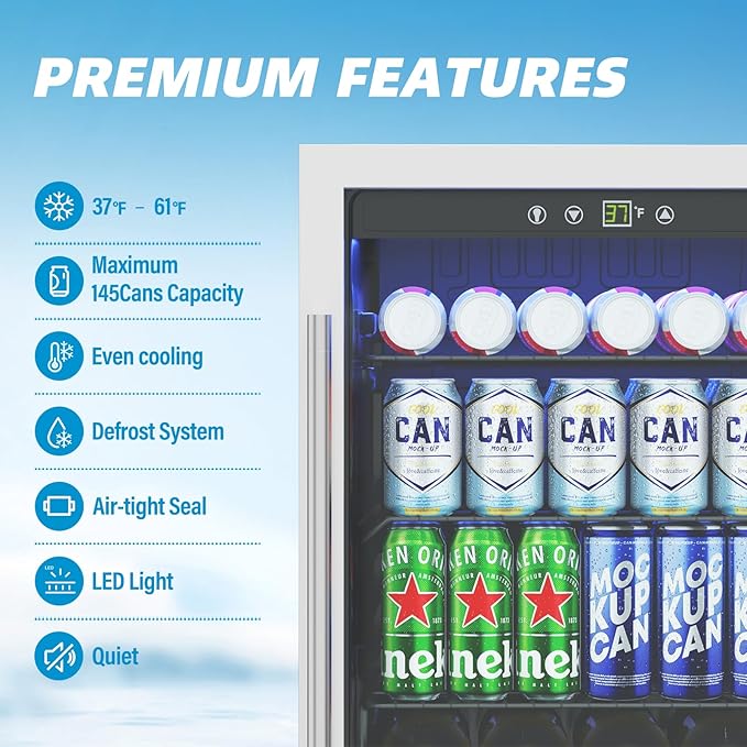 4.5 Cubic Feet Mini Fridge, 145 Can Freestanding Beverage Refrigerator with Glass Front Door for Soda, Beer Under Counter Drink Refrigerator with Adjustable Shelves and Digital Display