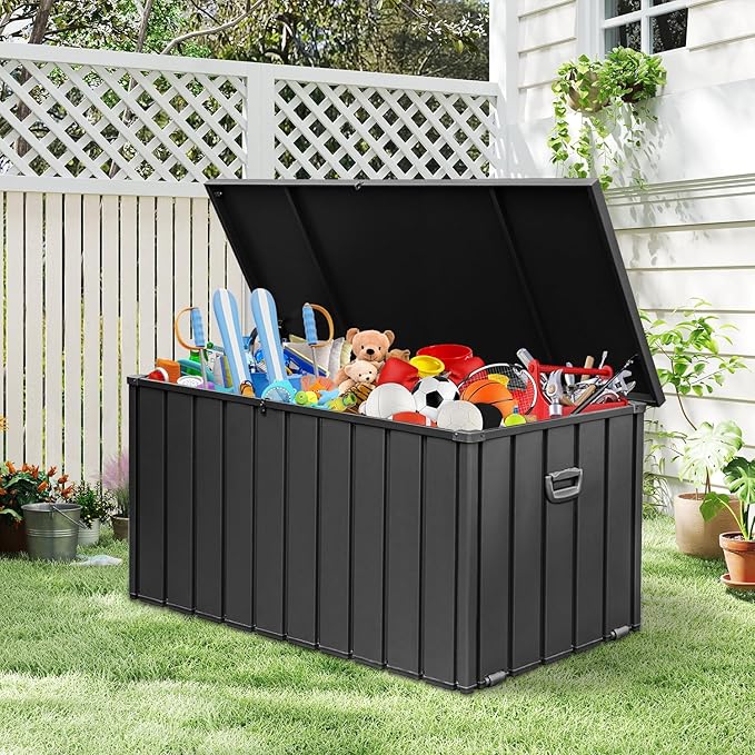 Domi 200 Gallon Deck Box, Metal Outdoor Storage Box with Lock Wheels Side Handles, Waterproof Outside Storage Box for Patio Cushions, Shoes & Pool Tools