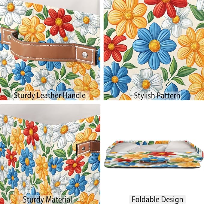 TropicalLife 13x13x13 Inch Large Fabric Storage Cube Boho Flower Foldable Storage Bin with Handles Organizer Boxes Cube Basket for Shelves Organizing Closet