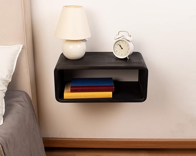 Floating Nightstand Wooden, Bedside Table, Nightstand Shelf, Handmade, Wall Mounted Bedside Shelf, Minimalist and Unique Style (Black)