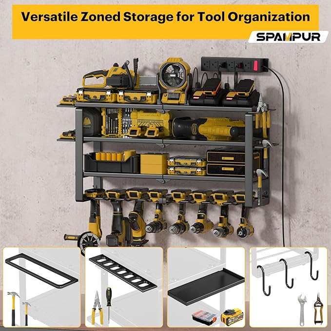 Heavy Duty 4-Tier Power Tool Organizer Wall Mount Rack, Quick Assembly Tool Wall Organizer with 8 Drill Holders & Charging Station, for Garage Workshop Shed Organization - 4 Shelves 8 Slots