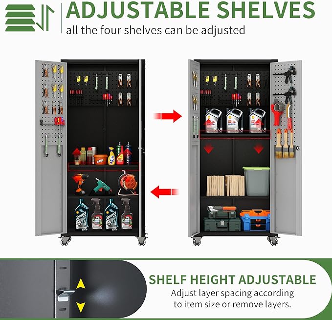 Metal Tool Cabinet,Garage Storage Cabinet System,Wall Cabinet & Locking Rolling Tool Cabinet with Doors and Adjustable Shelves,Steel Tool Cabinets for Home (4 Pcs-StyleB, Black & Grey)