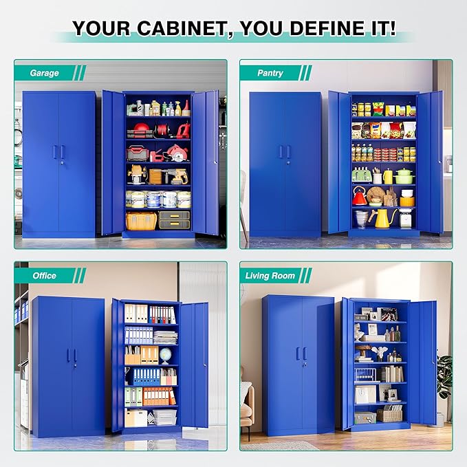SISESOL Blue Metal Storage Cabinet with 6 Shelves,71" Garage Storage Cabinet with Lock,6 Tier Steel Cabinets with Locking Doors,Lockable Cabinets for Home,Office,Shop,Garage